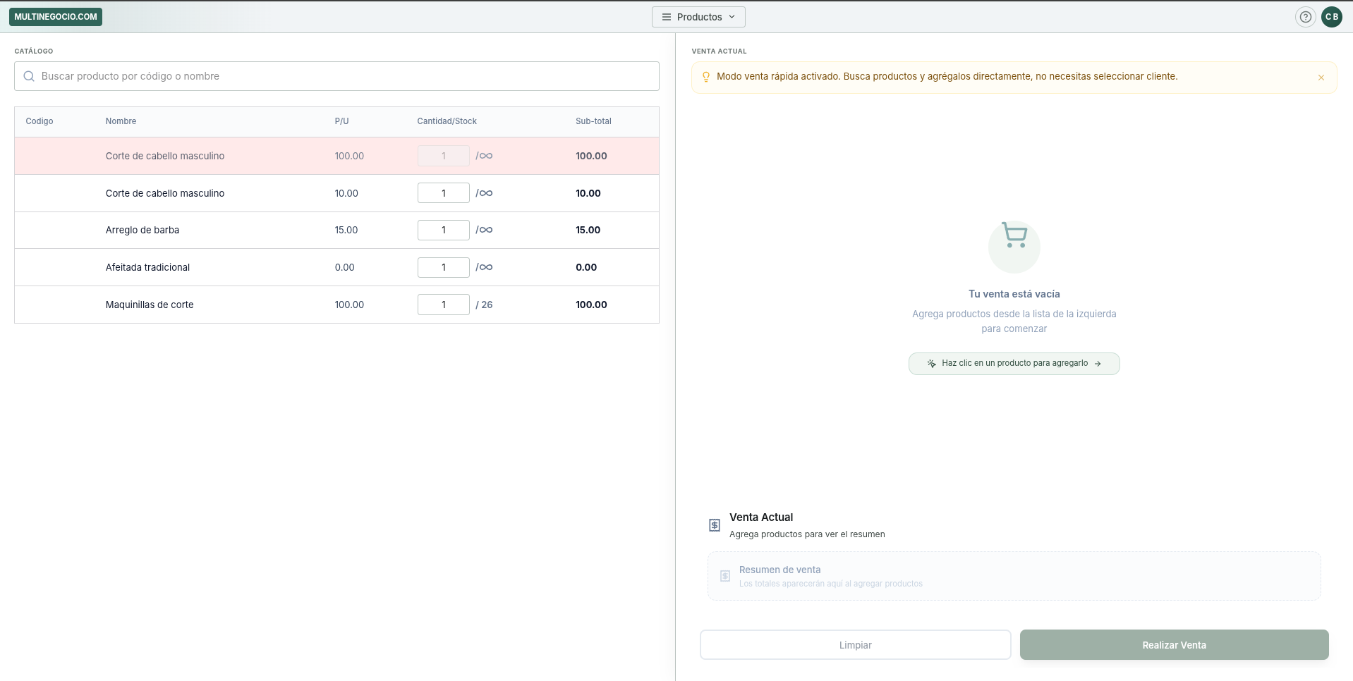 Punto de venta de Multinegocio con modos Quick Sale y métodos de pago
