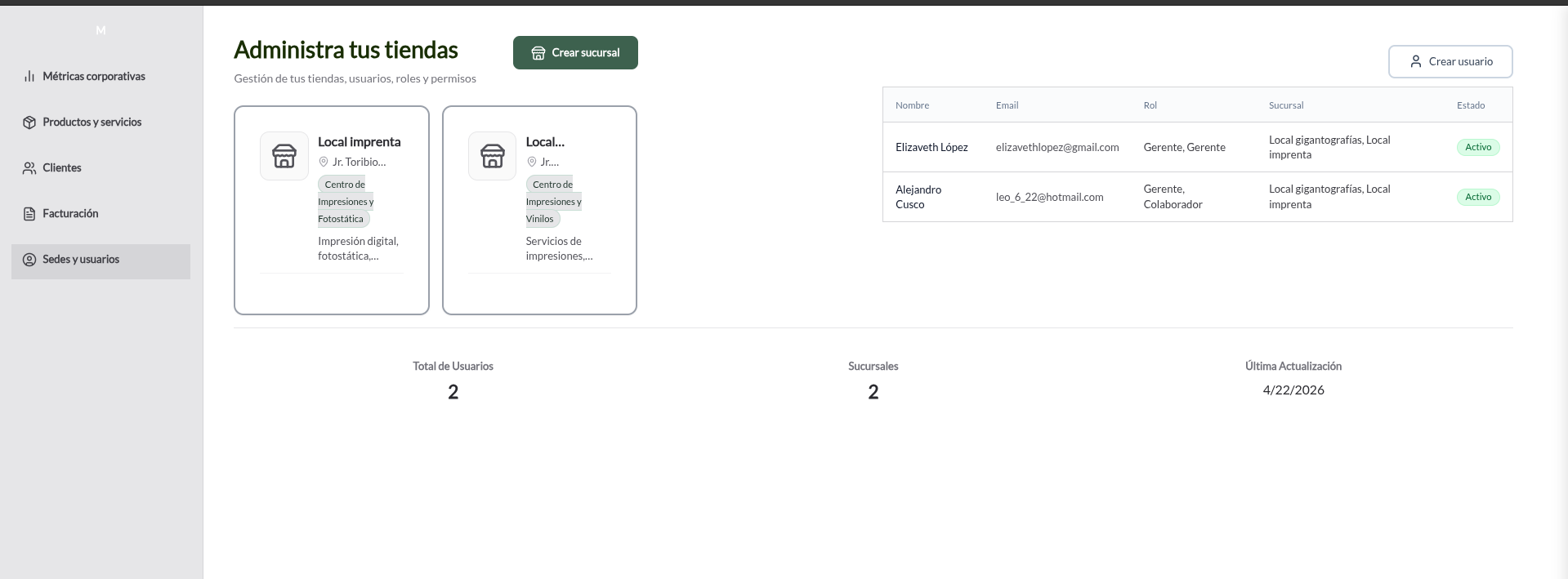 Control de sucursales multi-tienda con roles y configuración independiente